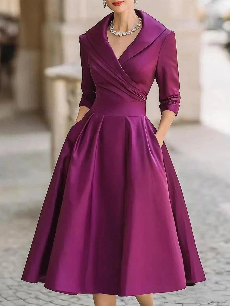 Women's Pleated A-Line Midi Wedding Guest Dress with V-Neck