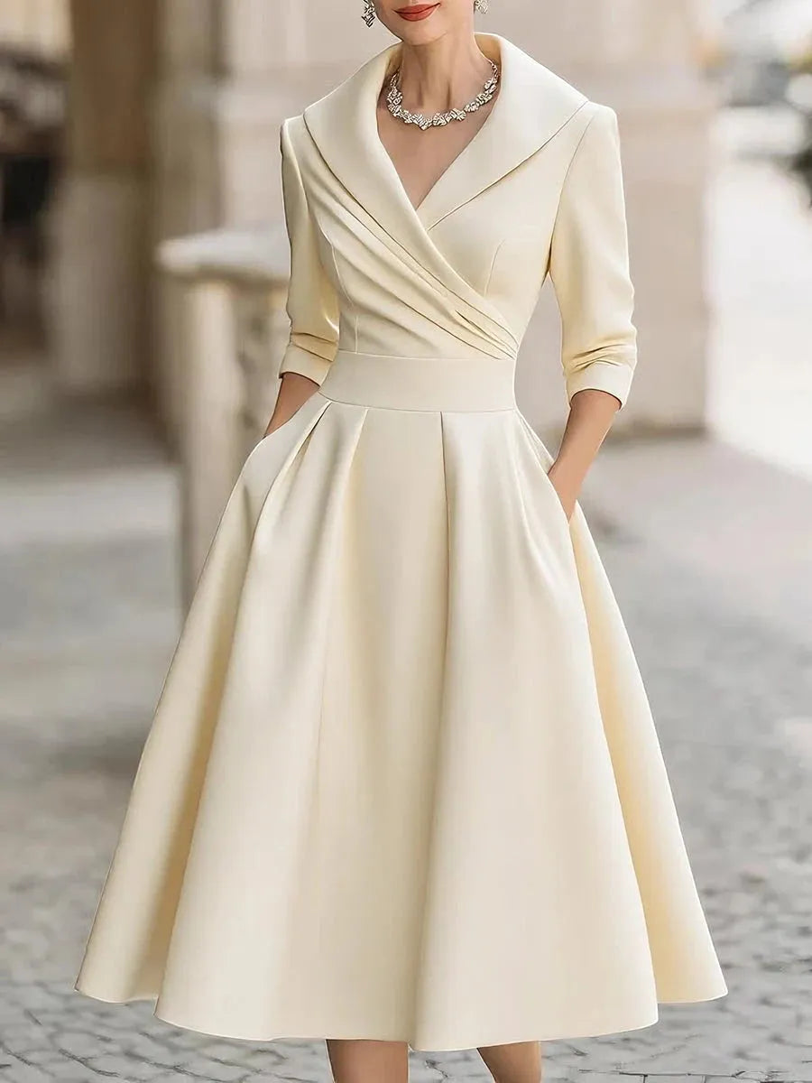 Women's Pleated A-Line Midi Wedding Guest Dress with V-Neck