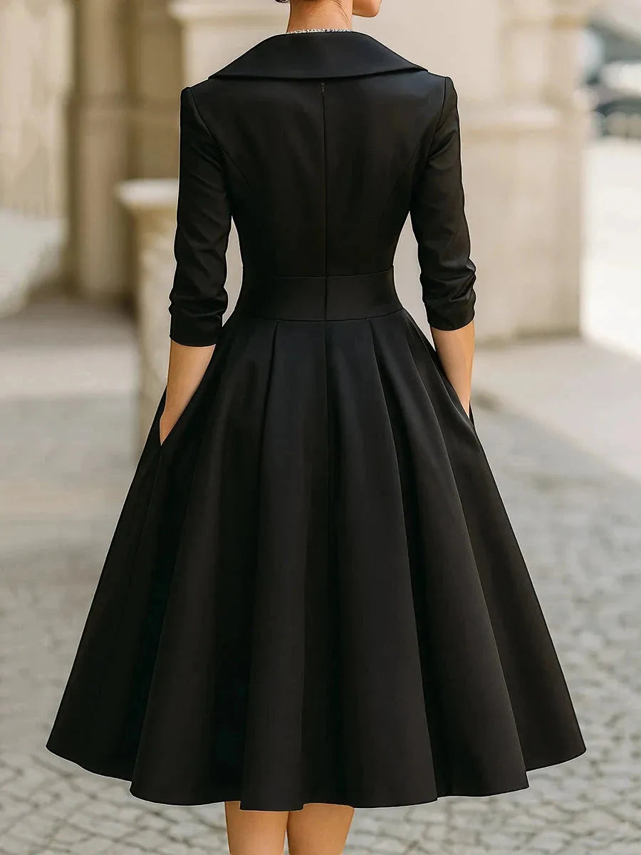 Women's Pleated A-Line Midi Wedding Guest Dress with V-Neck