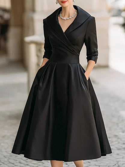 Women's Pleated A-Line Midi Wedding Guest Dress with V-Neck