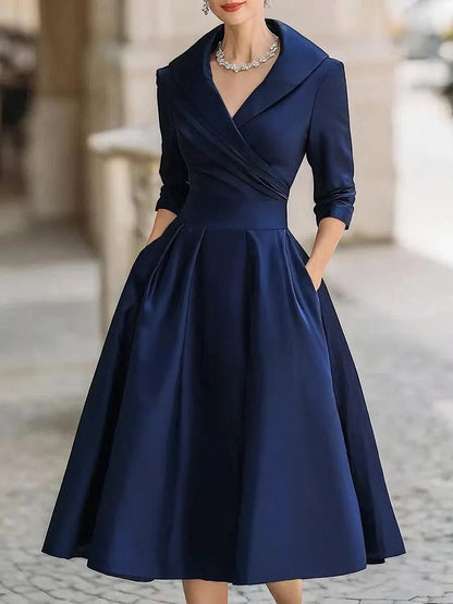 Women's Pleated A-Line Midi Wedding Guest Dress with V-Neck