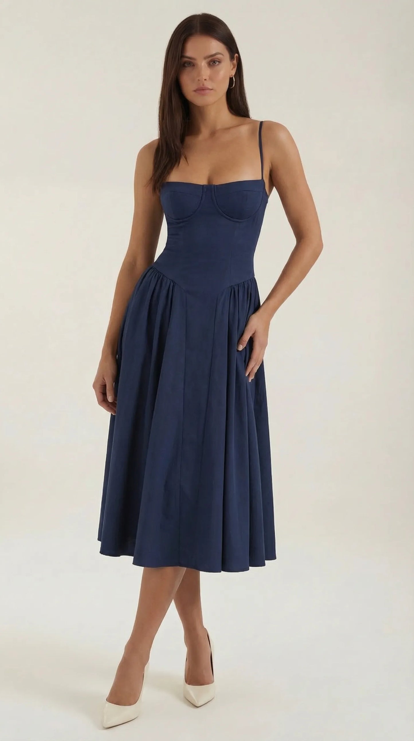 Women's Pleated Corset Midi Wedding Guest Dresses with Sweetheart Neckline