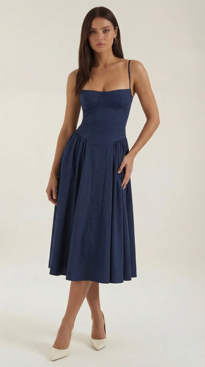Women's Pleated Corset Midi Wedding Guest Dresses with Sweetheart Neckline