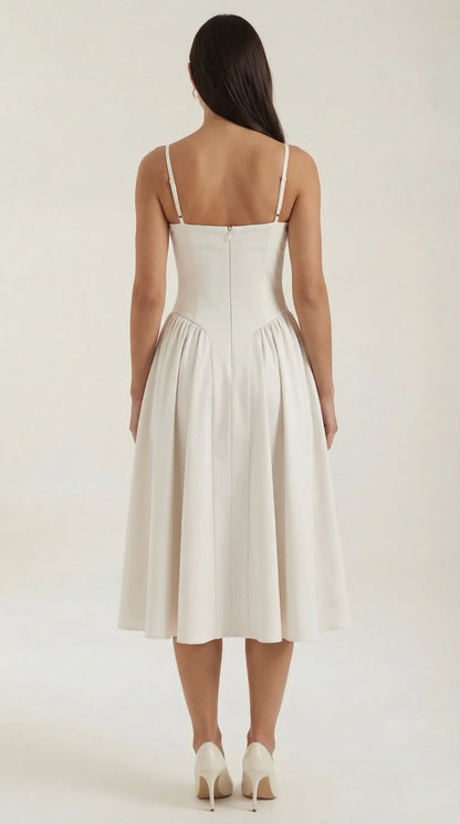 Women's Pleated Corset Midi Wedding Guest Dresses with Sweetheart Neckline