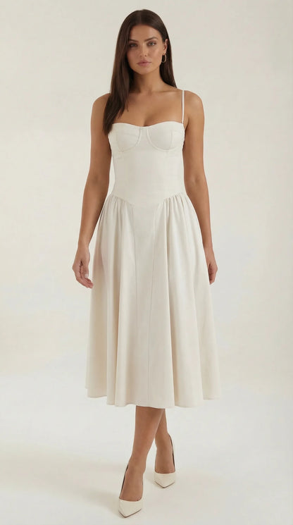 Women's Pleated Corset Midi Wedding Guest Dresses with Sweetheart Neckline