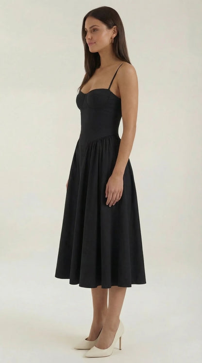 Women's Pleated Corset Midi Wedding Guest Dresses with Sweetheart Neckline