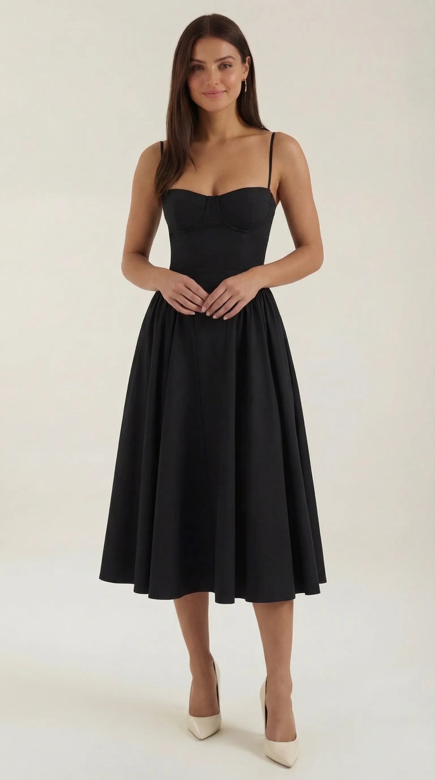 Women's Pleated Corset Midi Wedding Guest Dresses with Sweetheart Neckline