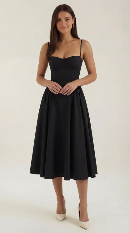 Women's Pleated Corset Midi Wedding Guest Dresses with Sweetheart Neckline
