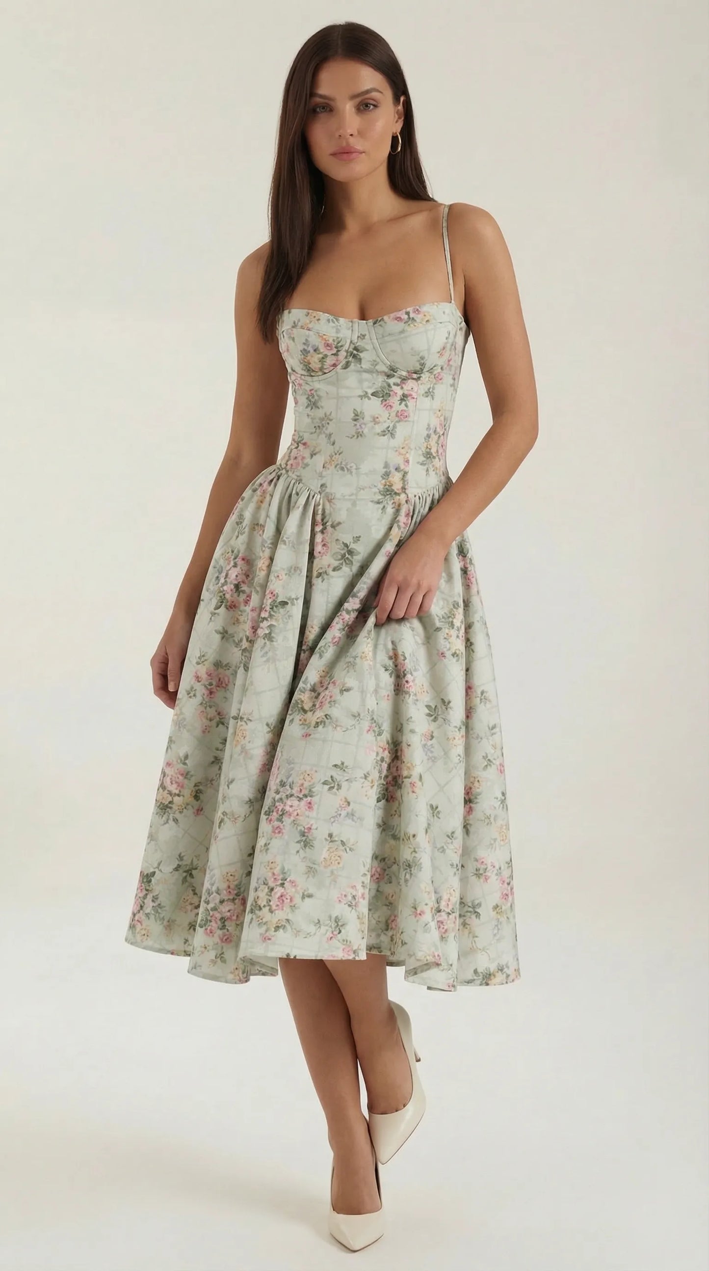 Women's Pleated Corset Midi Wedding Guest Dresses with Sweetheart Neckline