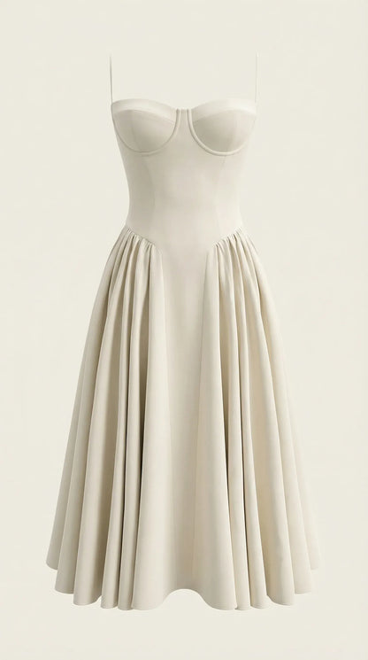 Women's Pleated Corset Midi Wedding Guest Dresses with Sweetheart Neckline