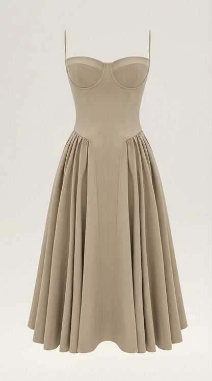 Women's Pleated Corset Midi Wedding Guest Dresses with Sweetheart Neckline