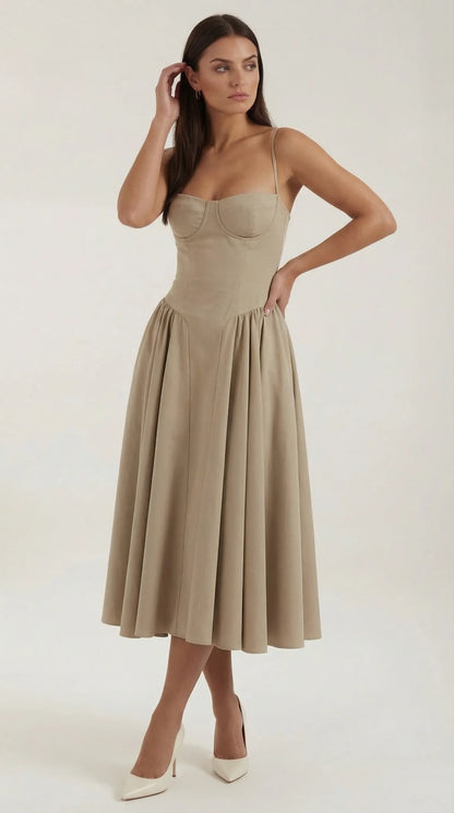 Women's Pleated Corset Midi Wedding Guest Dresses with Sweetheart Neckline