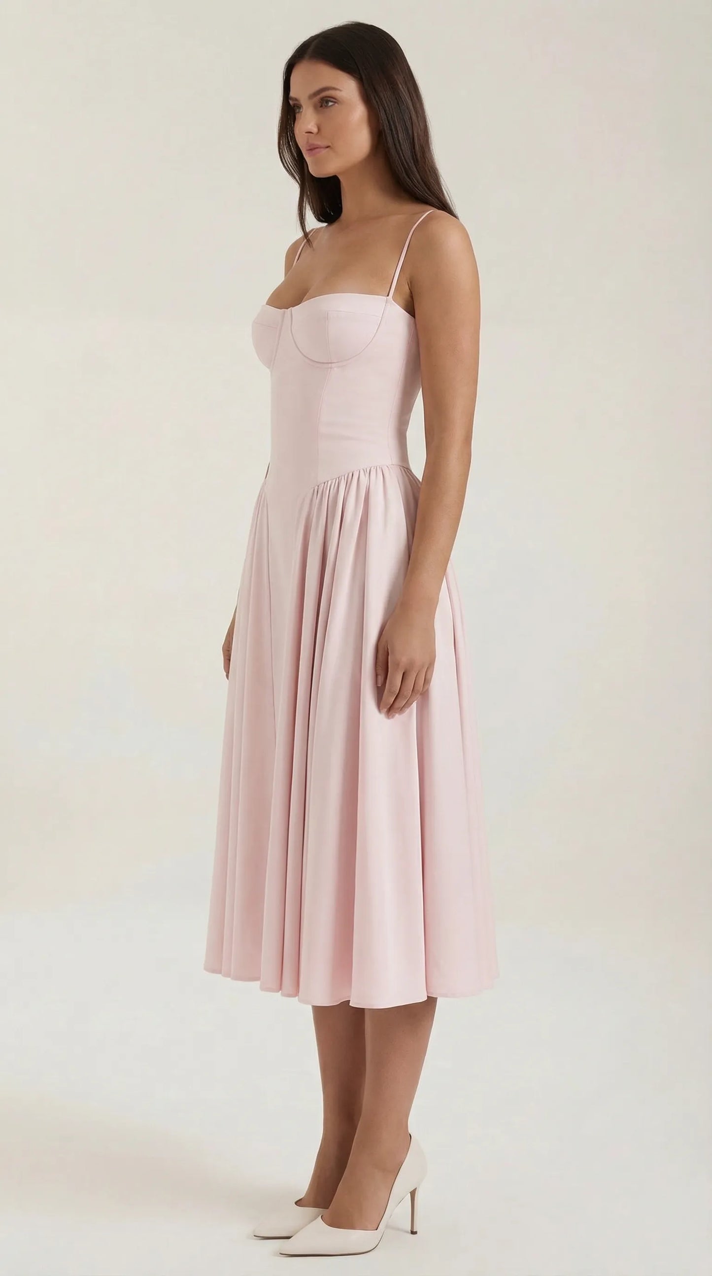 Women's Pleated Corset Midi Wedding Guest Dresses with Sweetheart Neckline