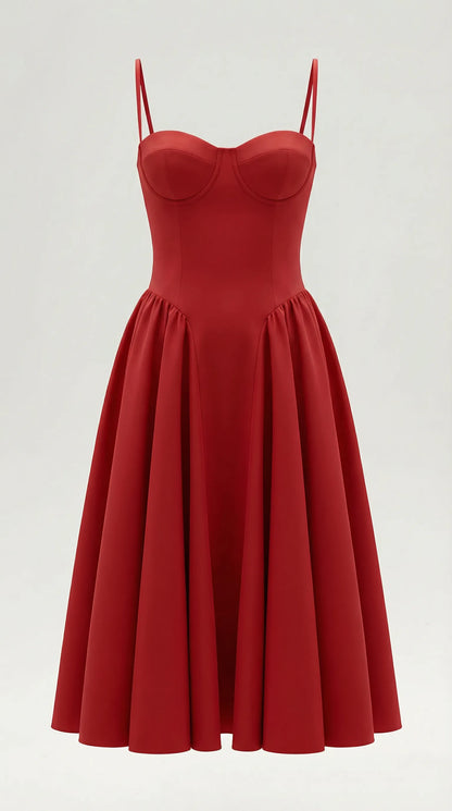 Women's Pleated Corset Midi Wedding Guest Dresses with Sweetheart Neckline