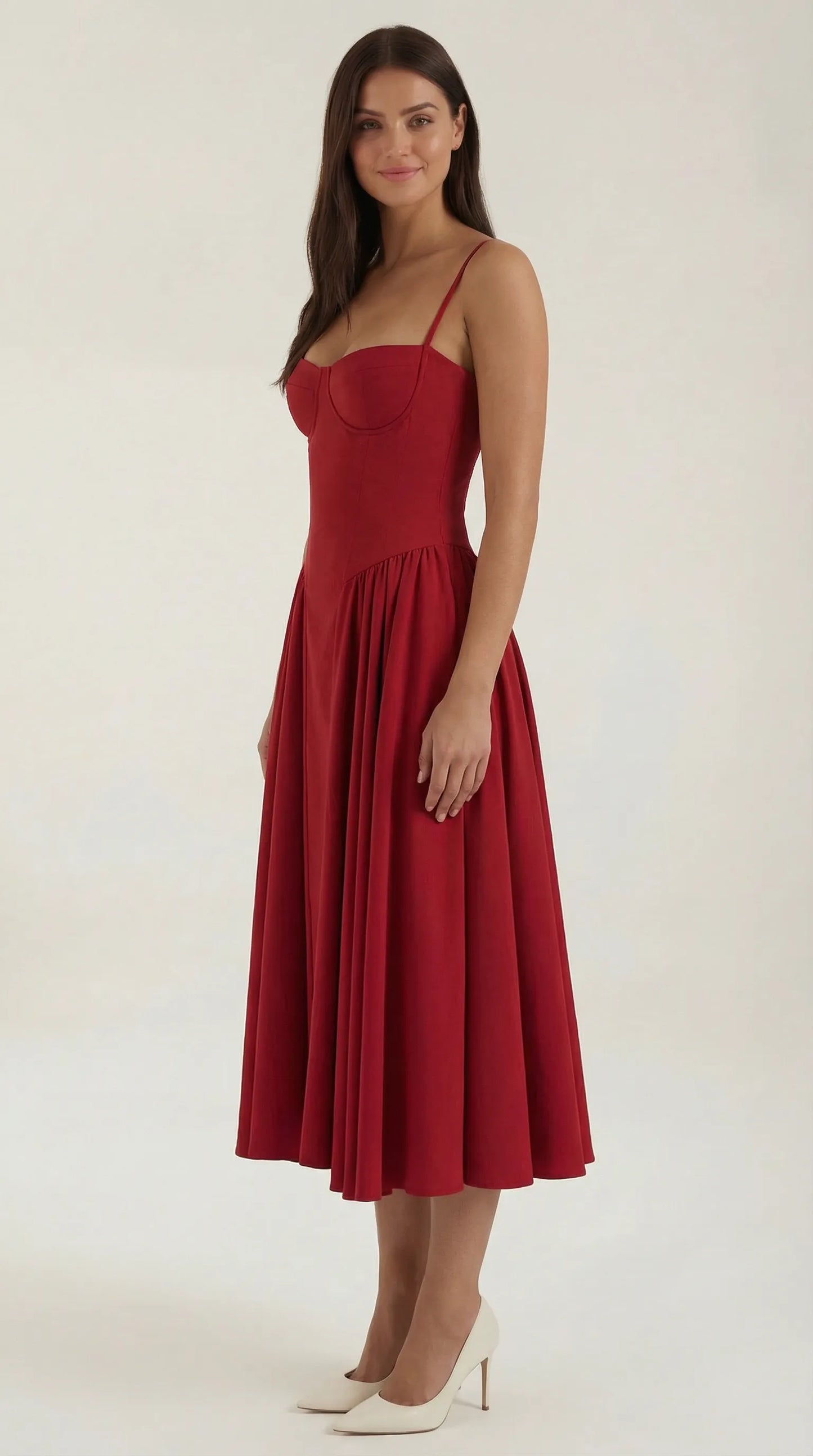 Women's Pleated Corset Midi Wedding Guest Dresses with Sweetheart Neckline