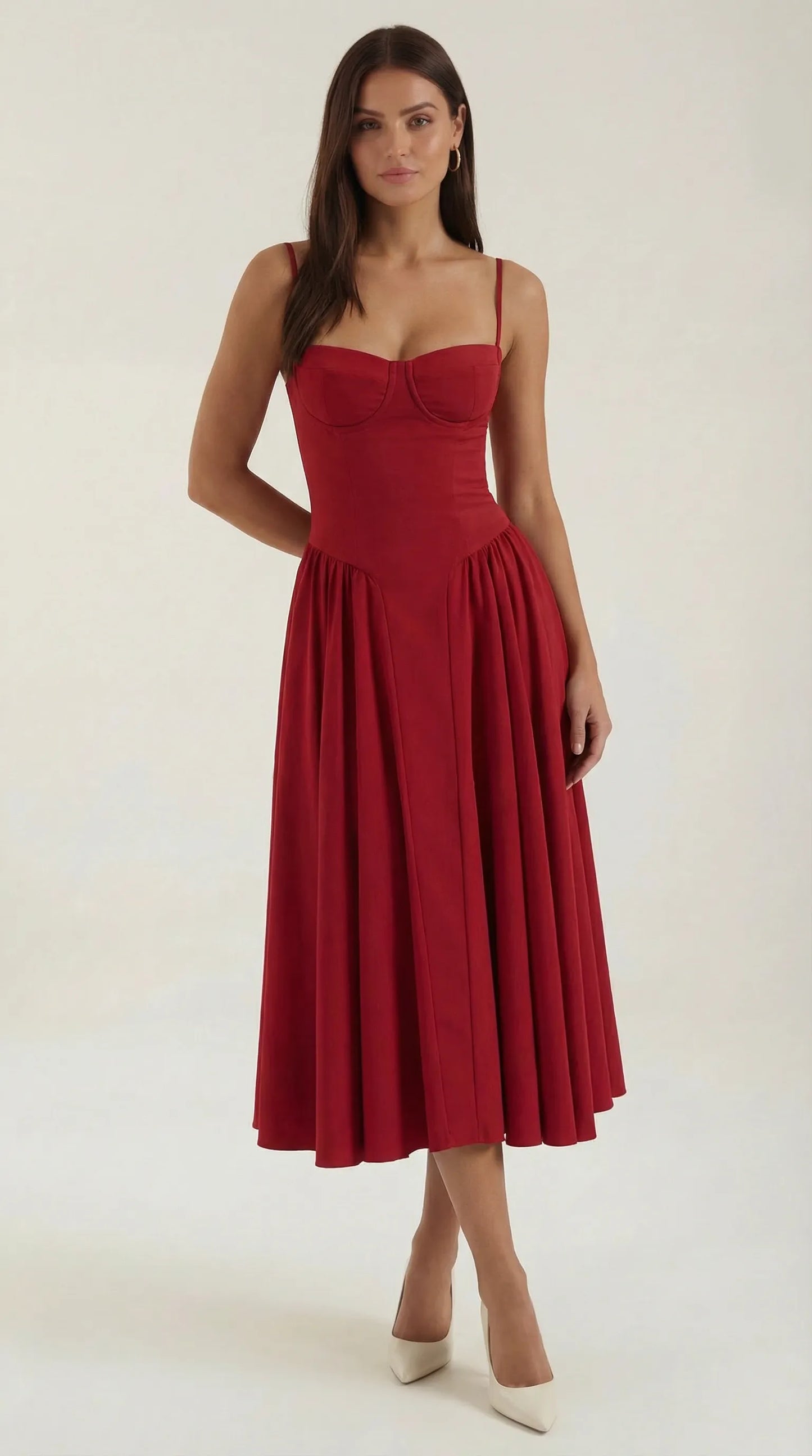 Women's Pleated Corset Midi Wedding Guest Dresses with Sweetheart Neckline