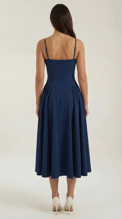 Women's Pleated Corset Midi Wedding Guest Dresses with Sweetheart Neckline