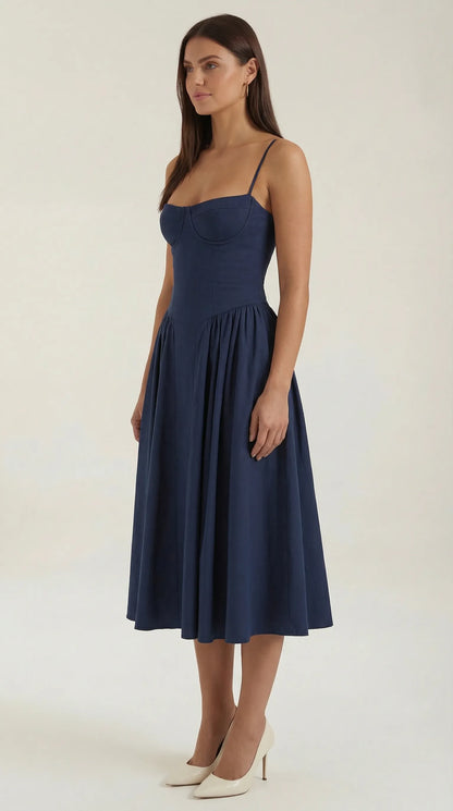 Women's Pleated Corset Midi Wedding Guest Dresses with Sweetheart Neckline