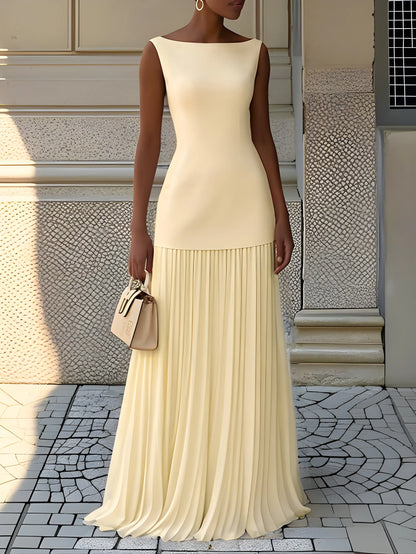 Women's Pleated Elegant Maxi Wedding Guest Dress with Boat Neck
