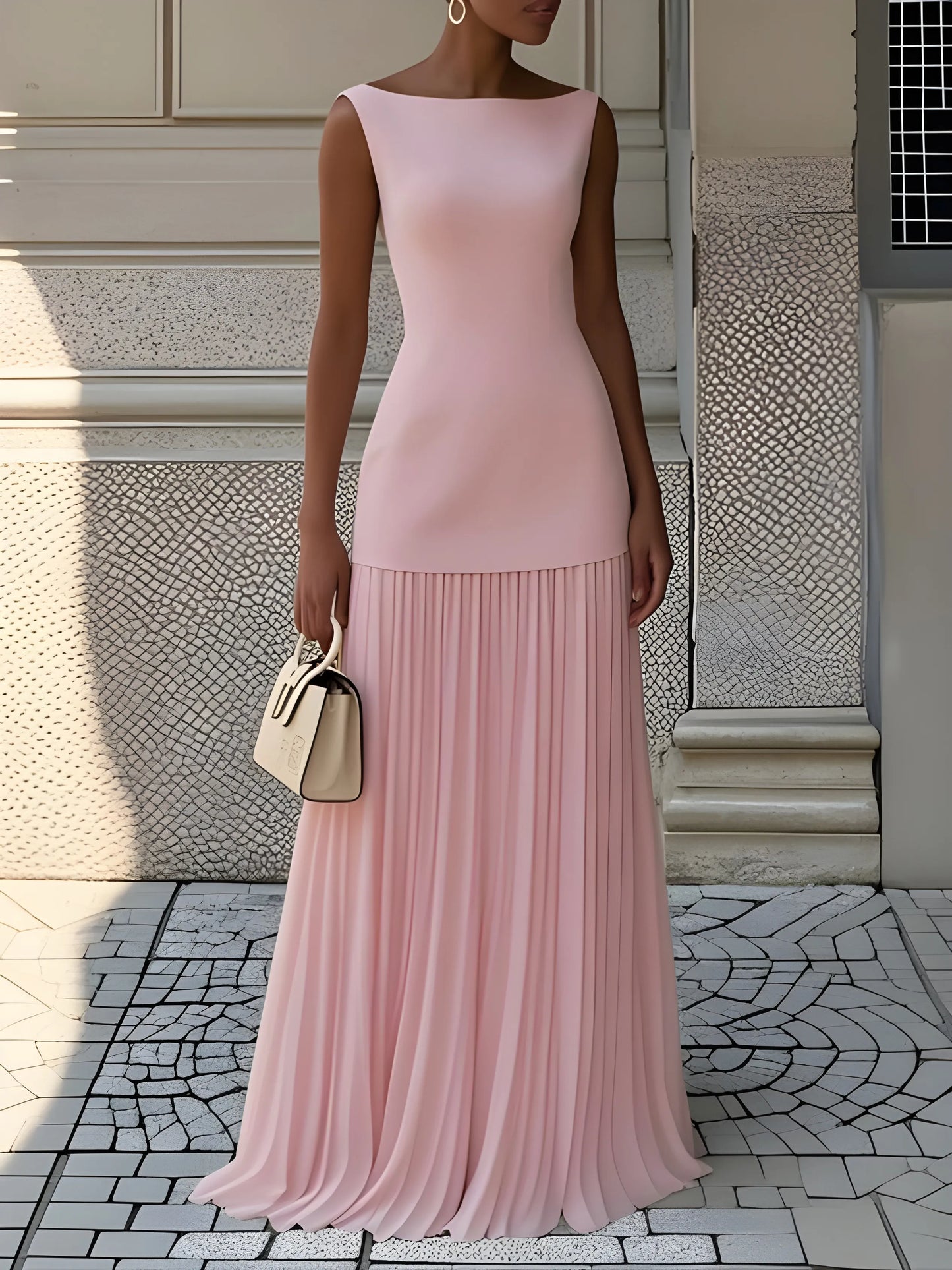 Women's Pleated Elegant Maxi Wedding Guest Dress with Boat Neck