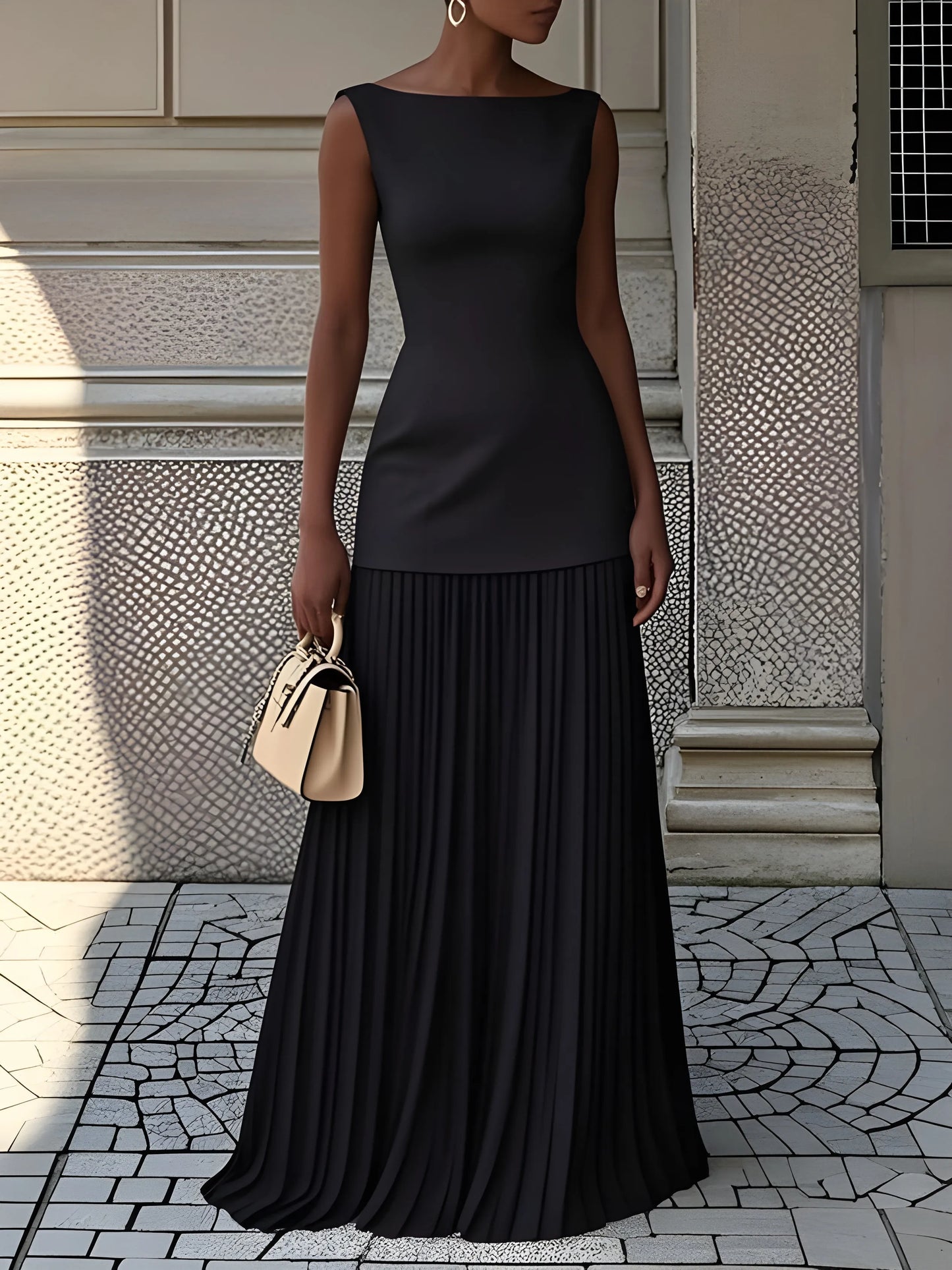 Women's Pleated Elegant Maxi Wedding Guest Dress with Boat Neck