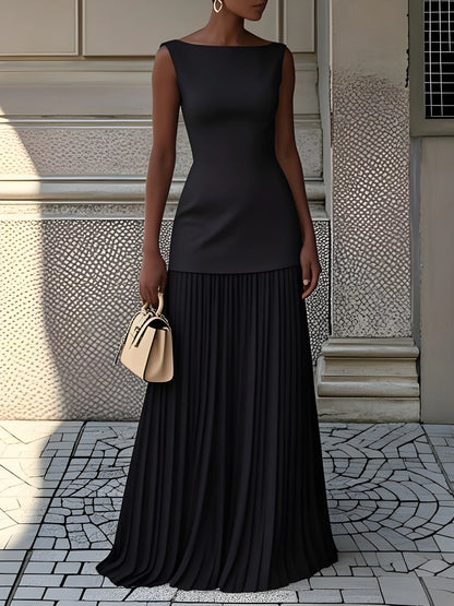 Women's Pleated Elegant Maxi Wedding Guest Dress with Boat Neck