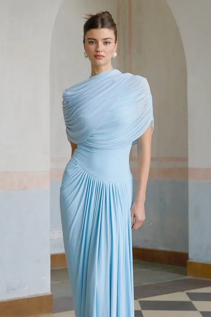 Women's Pleated Elegant Maxi Wedding Guest Dress with Crew Neck