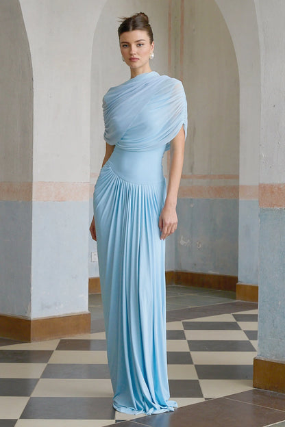 Women's Pleated Elegant Maxi Wedding Guest Dress with Crew Neck