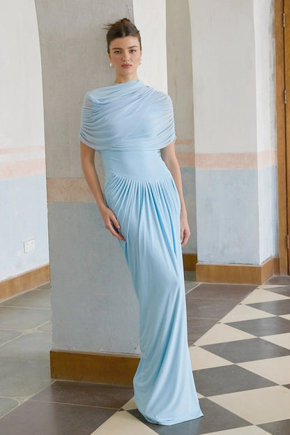 Women's Pleated Elegant Maxi Wedding Guest Dress with Crew Neck
