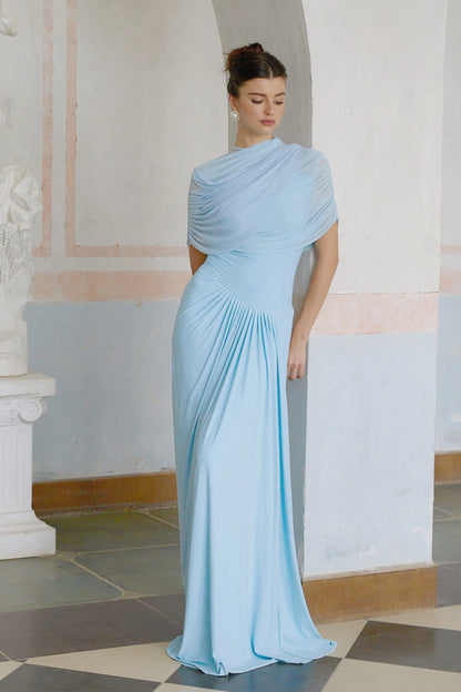 Women's Pleated Elegant Maxi Wedding Guest Dress with Crew Neck