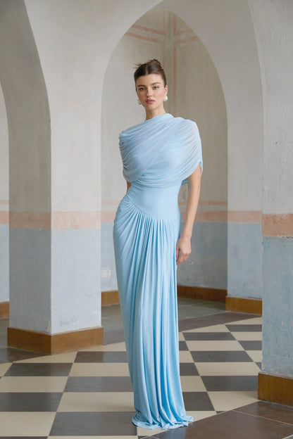 Women's Pleated Elegant Maxi Wedding Guest Dress with Crew Neck