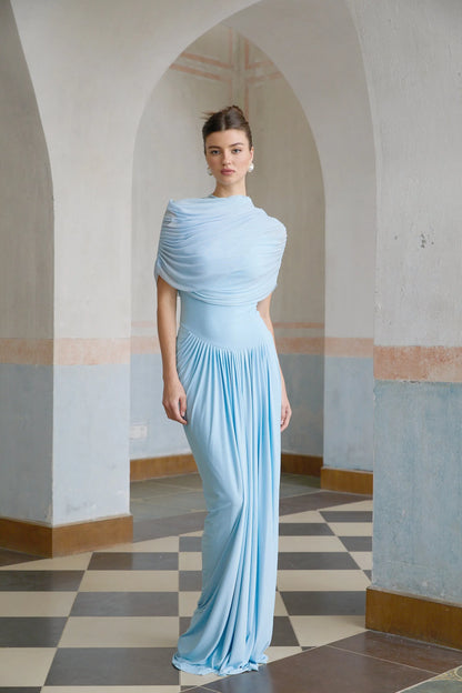 Women's Pleated Elegant Maxi Wedding Guest Dress with Crew Neck