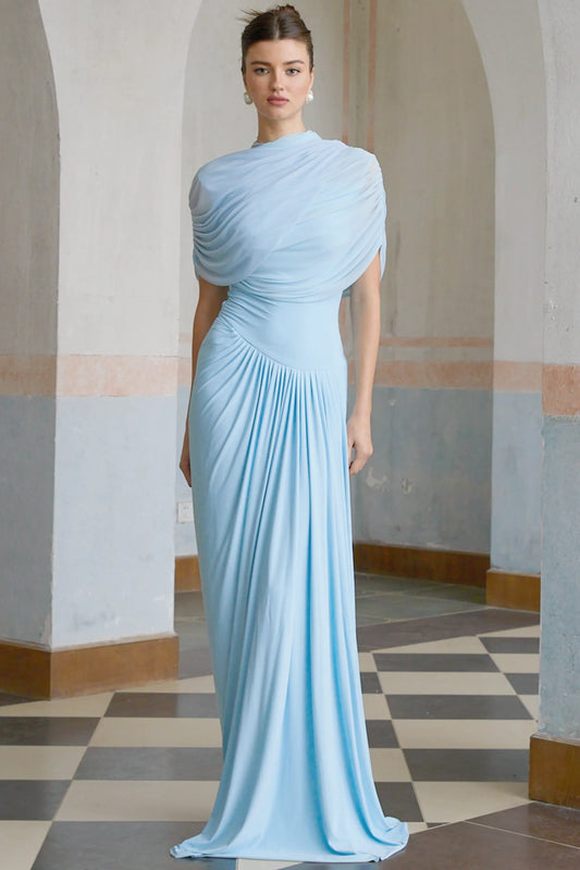 Women's Pleated Elegant Maxi Wedding Guest Dress with Crew Neck