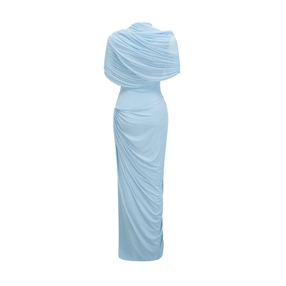 Women's Pleated Elegant Maxi Wedding Guest Dress with Crew Neck