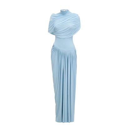 Women's Pleated Elegant Maxi Wedding Guest Dress with Crew Neck