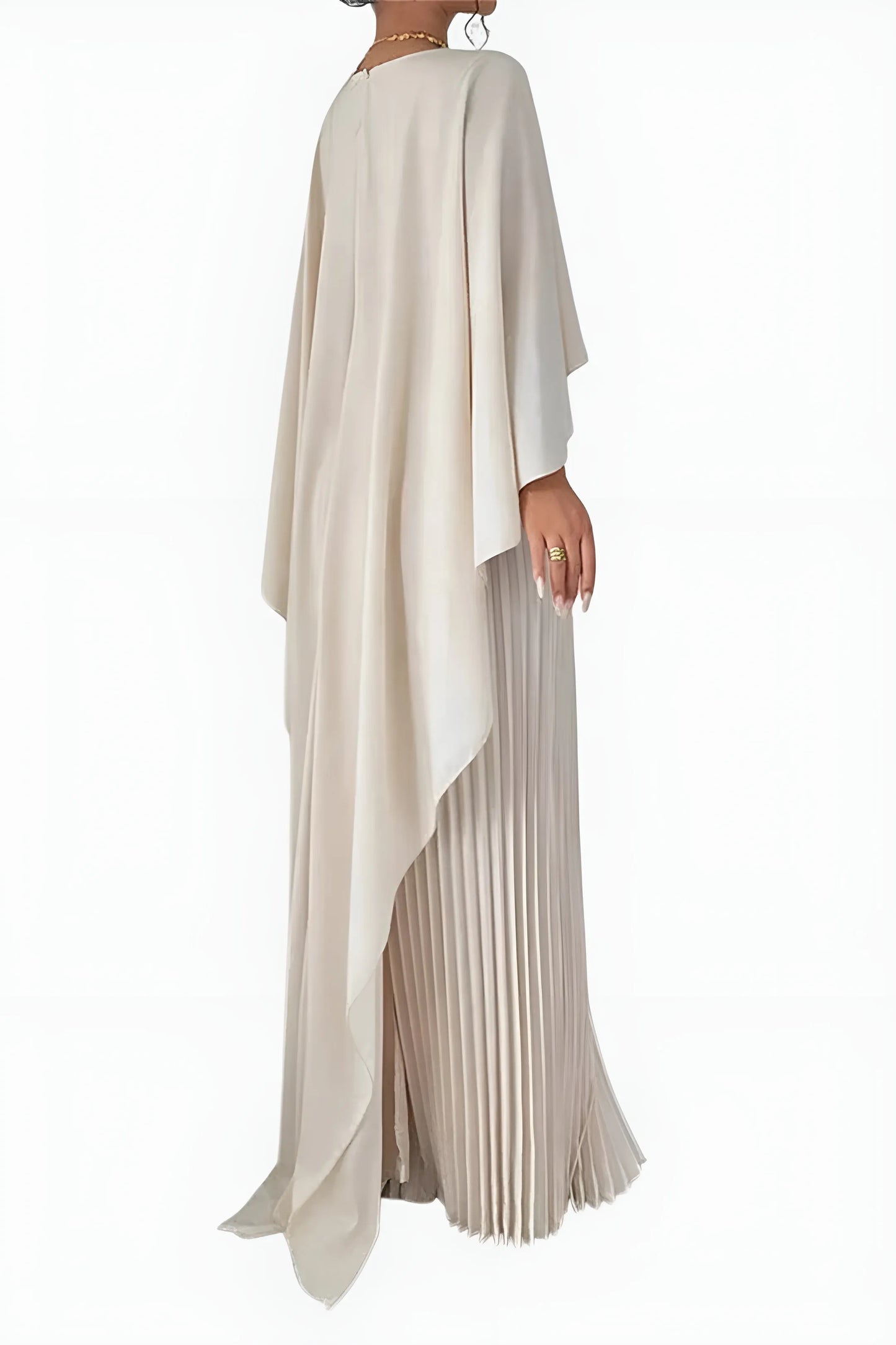 Women's Pleated Elegant Maxi Wedding Guest Dress with Draped Sleeve