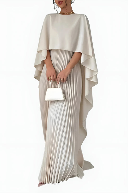 Women's Pleated Elegant Maxi Wedding Guest Dress with Draped Sleeve