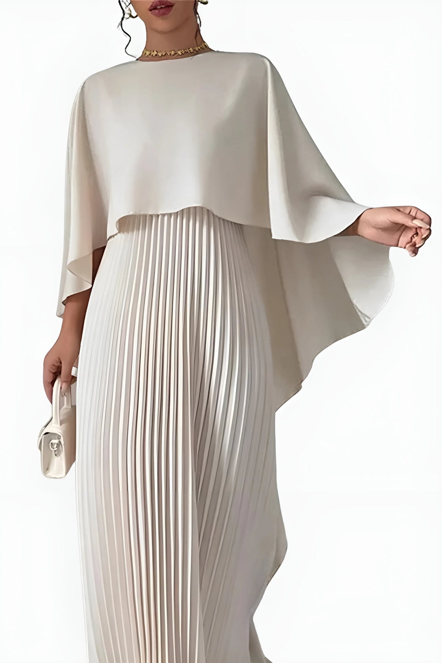 Women's Pleated Elegant Maxi Wedding Guest Dress with Draped Sleeve
