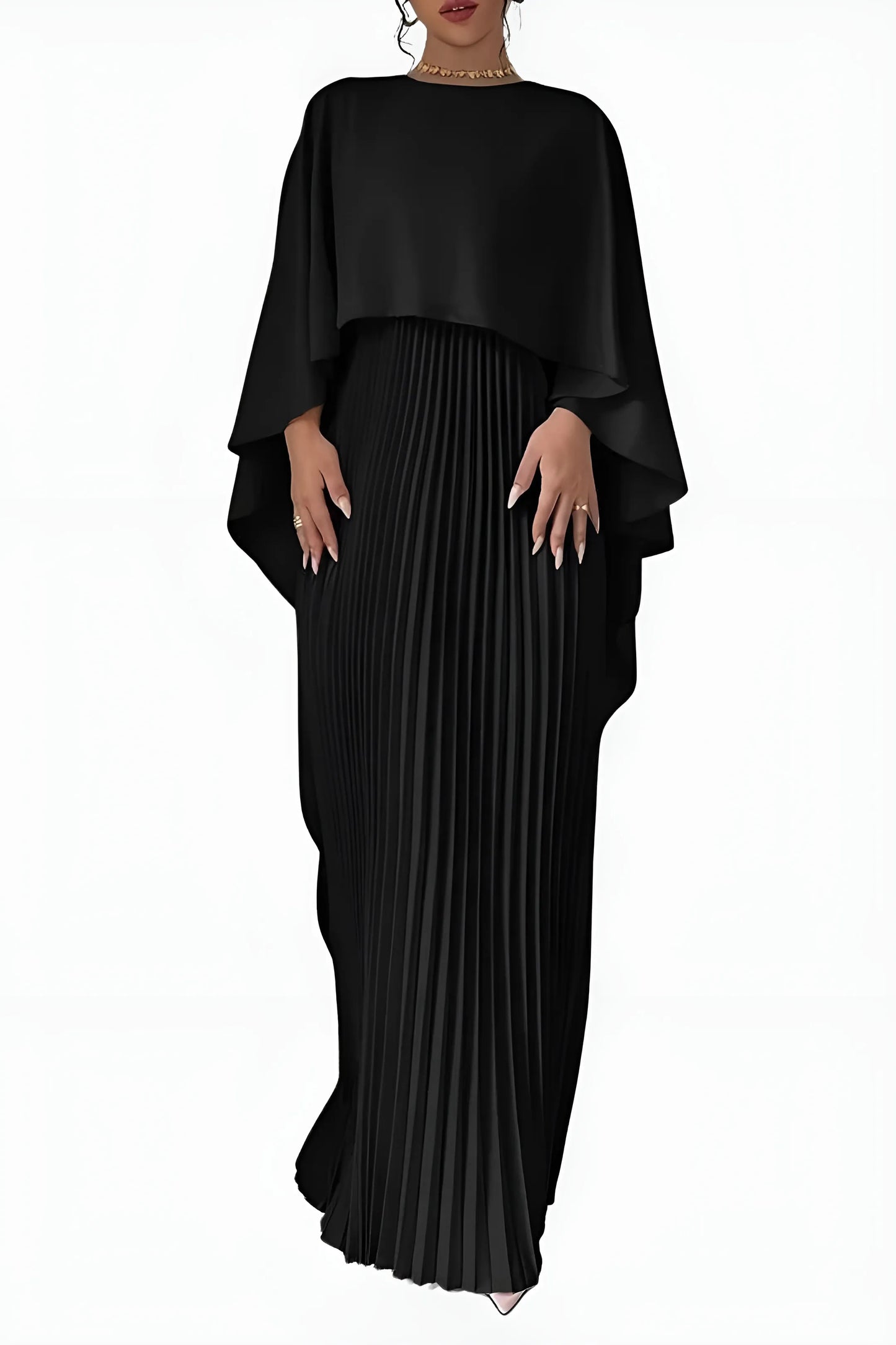 Women's Pleated Elegant Maxi Wedding Guest Dress with Draped Sleeve