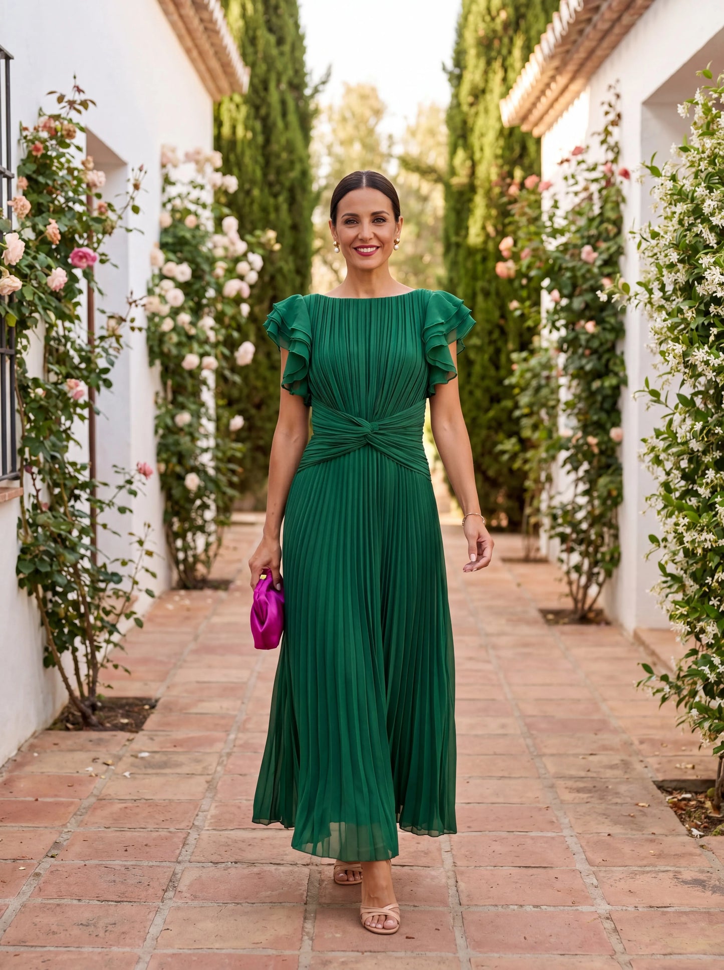 Women's Pleated Elegant Maxi Wedding Guest Dress with Flutter Sleeve