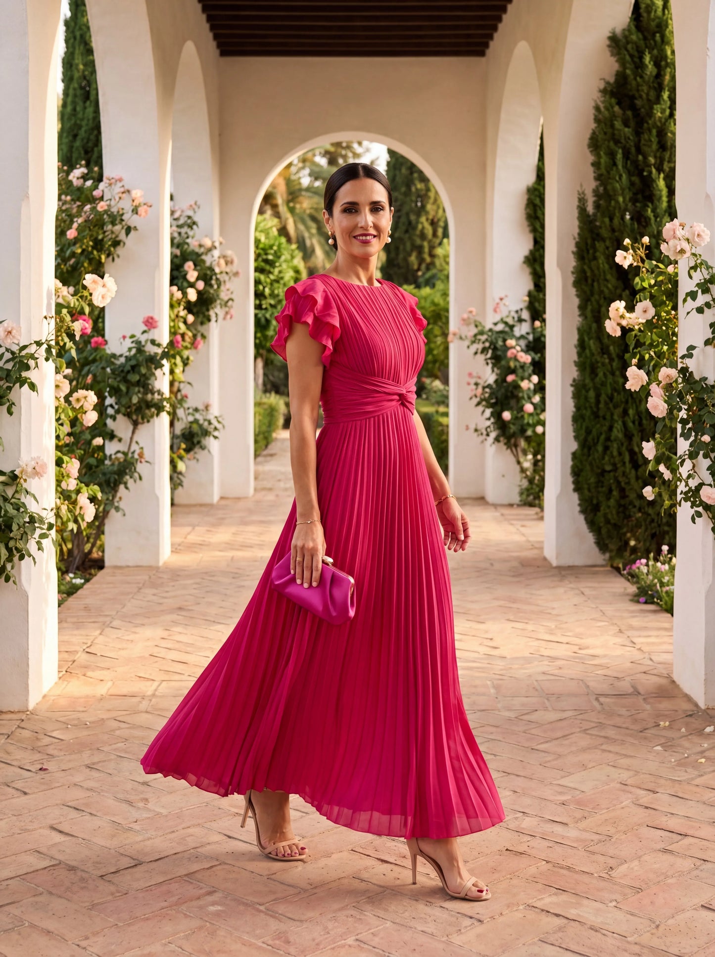Women's Pleated Elegant Maxi Wedding Guest Dress with Flutter Sleeve