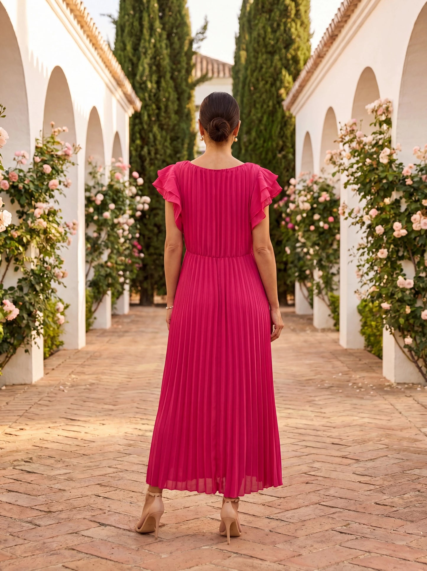 Women's Pleated Elegant Maxi Wedding Guest Dress with Flutter Sleeve