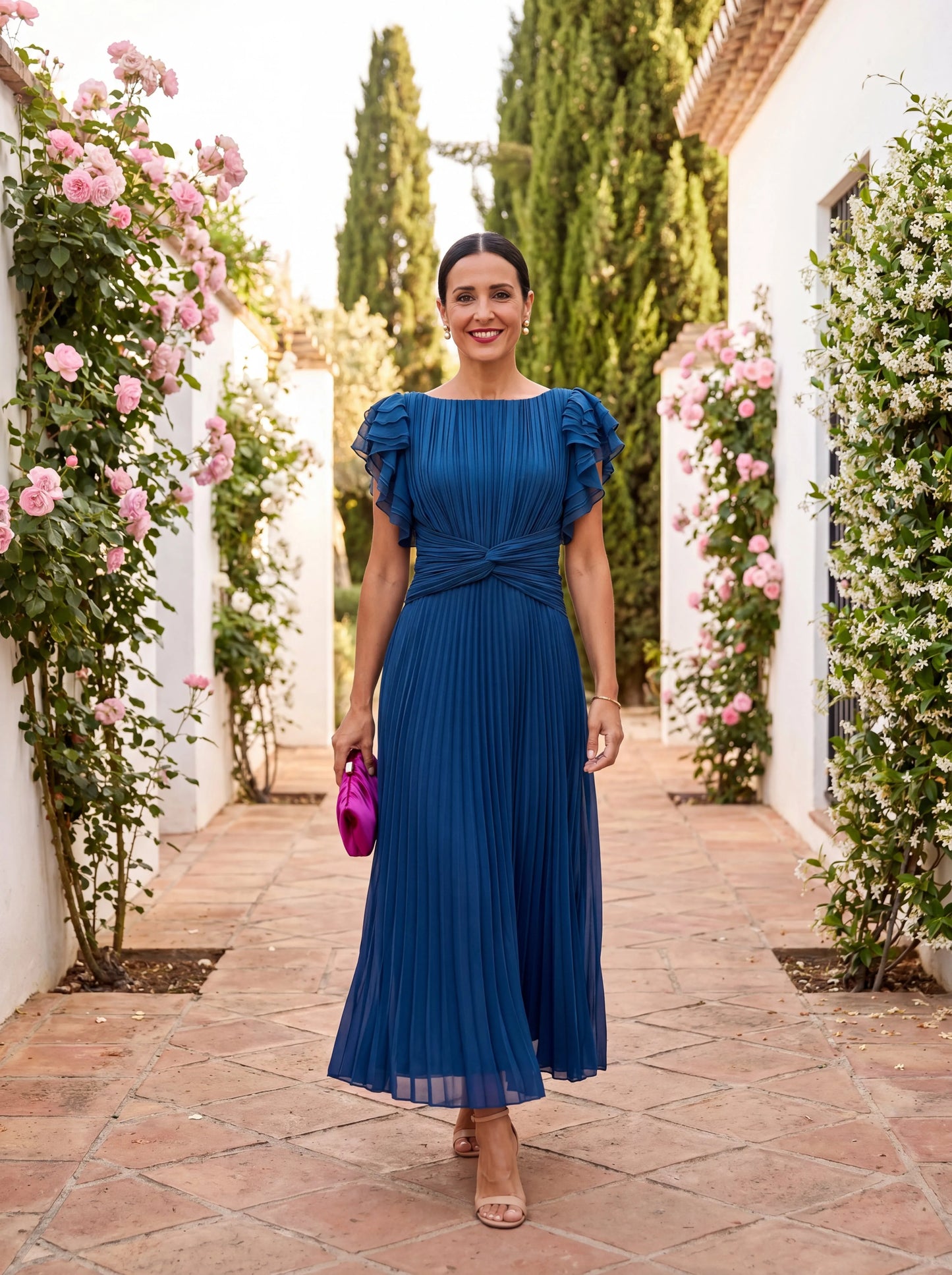 Women's Pleated Elegant Maxi Wedding Guest Dress with Flutter Sleeve