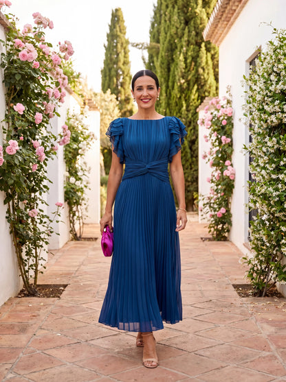 Women's Pleated Elegant Maxi Wedding Guest Dress with Flutter Sleeve