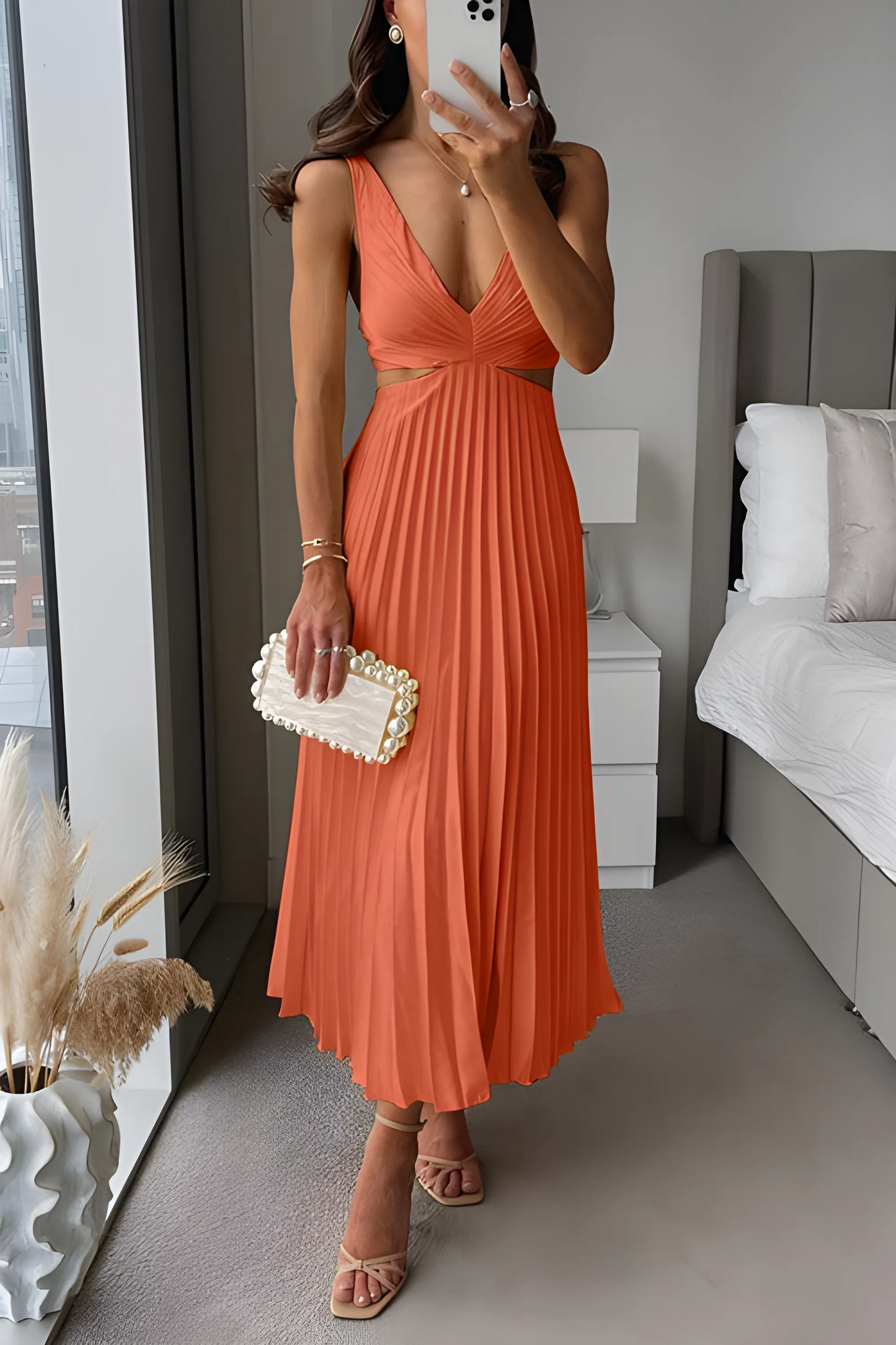 Women's Pleated Elegant Midi Wedding Guest Dress with V-Neck