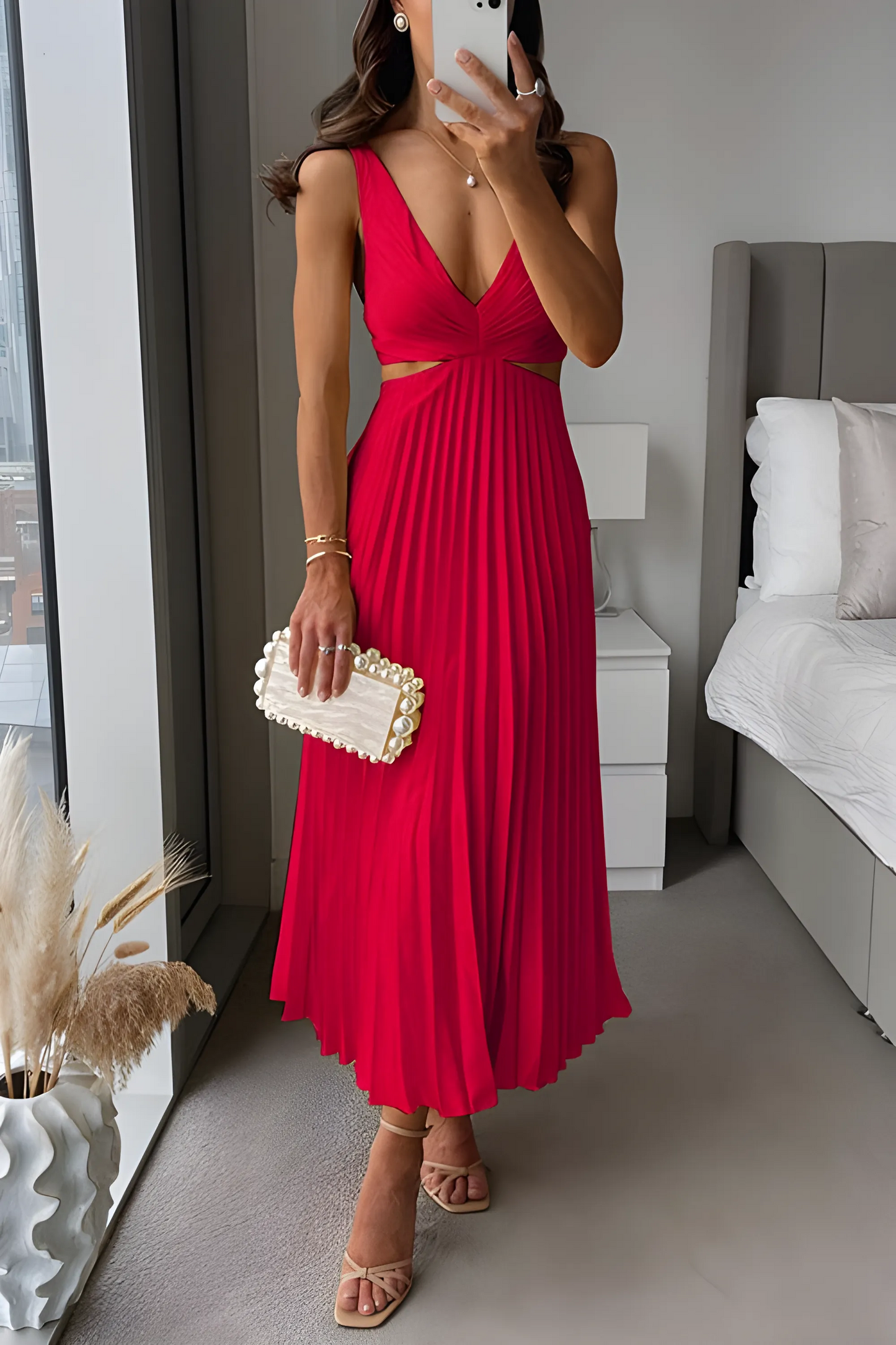Women's Pleated Elegant Midi Wedding Guest Dress with V-Neck