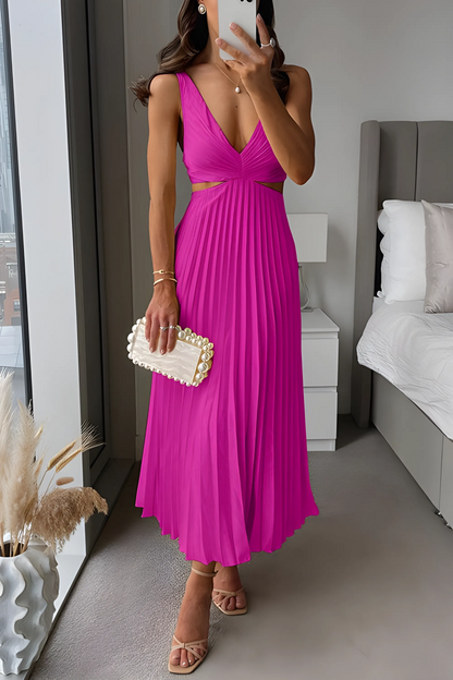 Women's Pleated Elegant Midi Wedding Guest Dress with V-Neck
