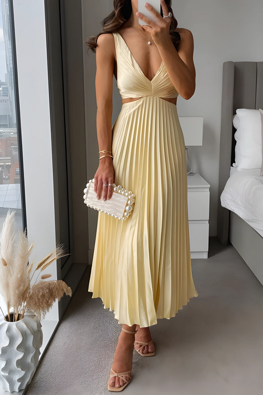 Women's Pleated Elegant Midi Wedding Guest Dress with V-Neck
