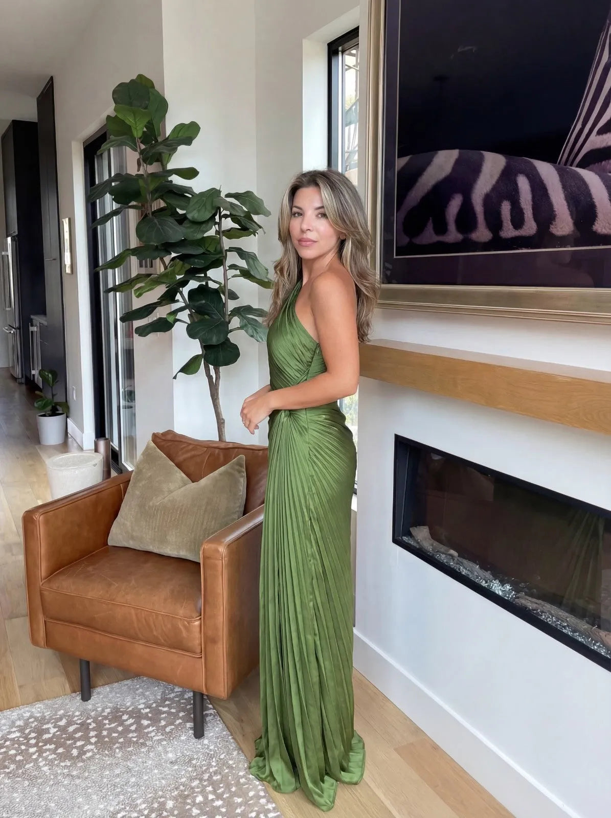 Women's Pleated Flowy Maxi Wedding Guest Dress with One Shoulder