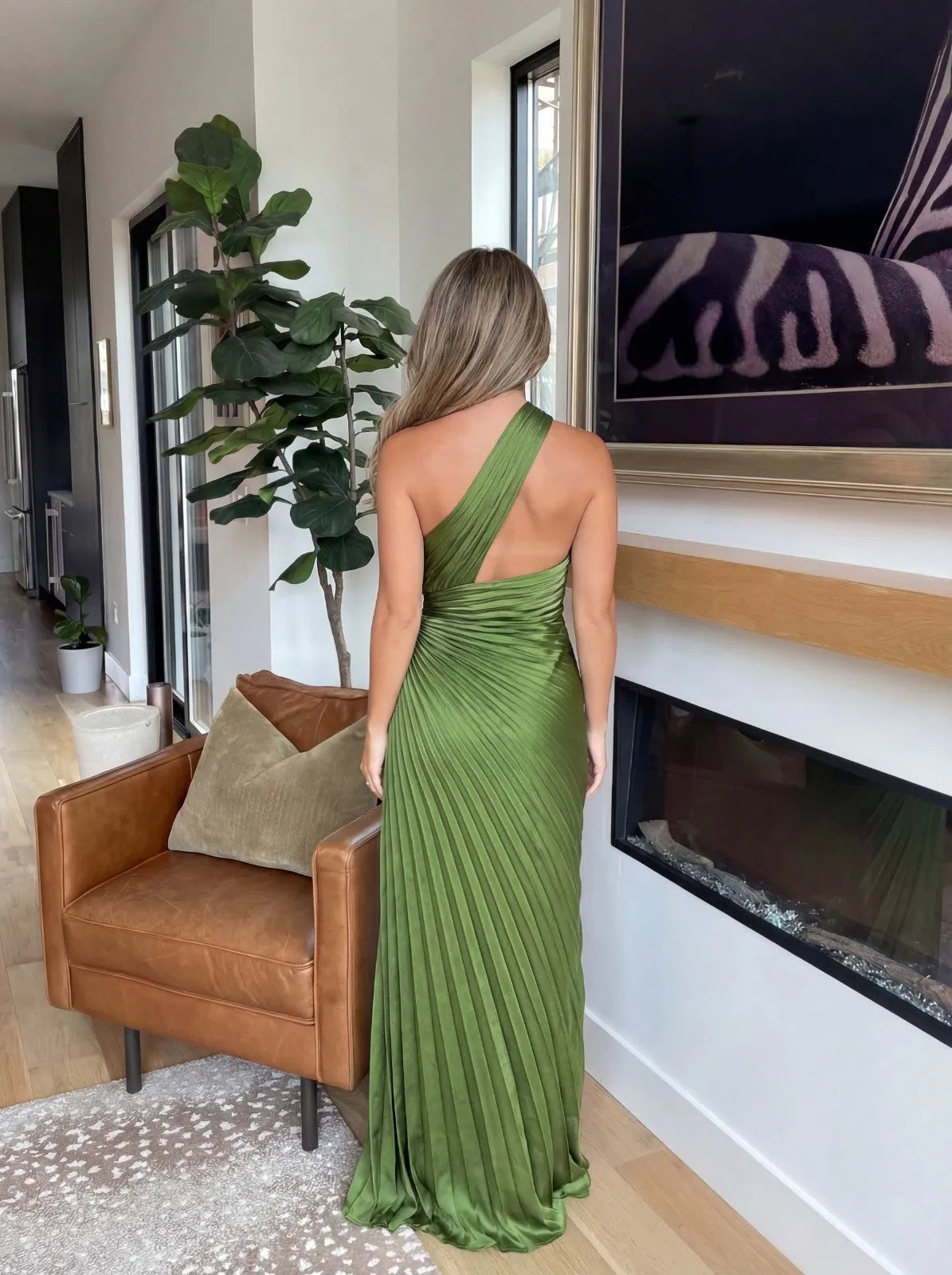 Women's Pleated Flowy Maxi Wedding Guest Dress with One Shoulder